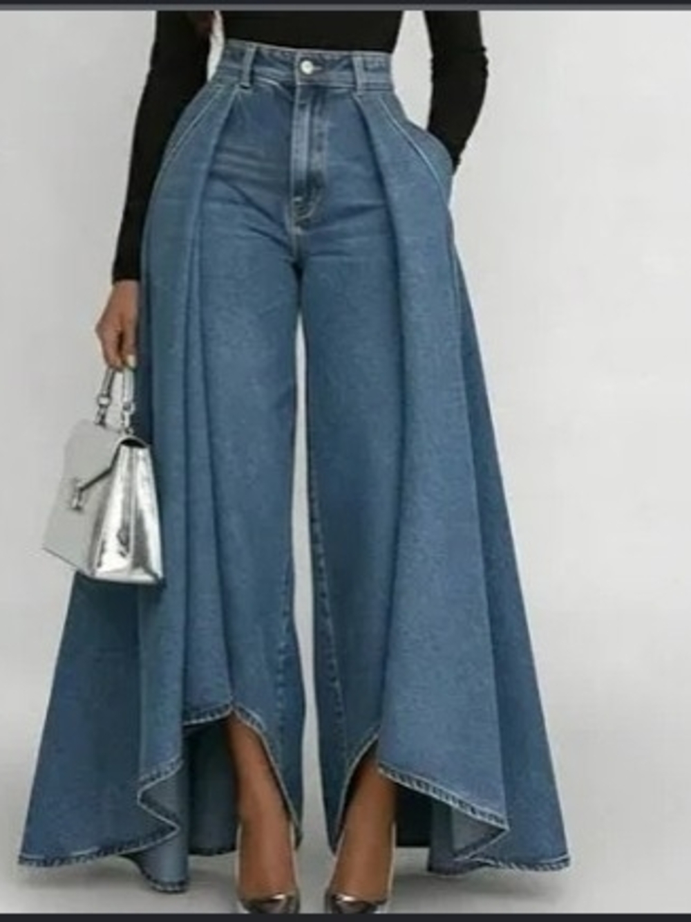 High-Waist Wide Flare Panel Jeans - Blue